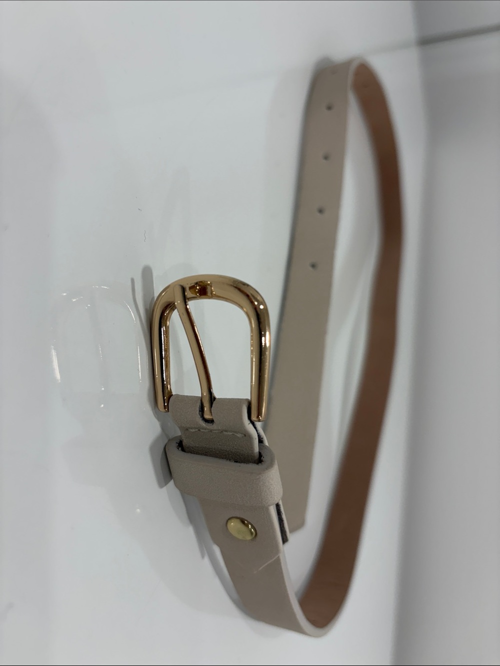 Neutral Beige Leather Women's Belt with Gold Buckle